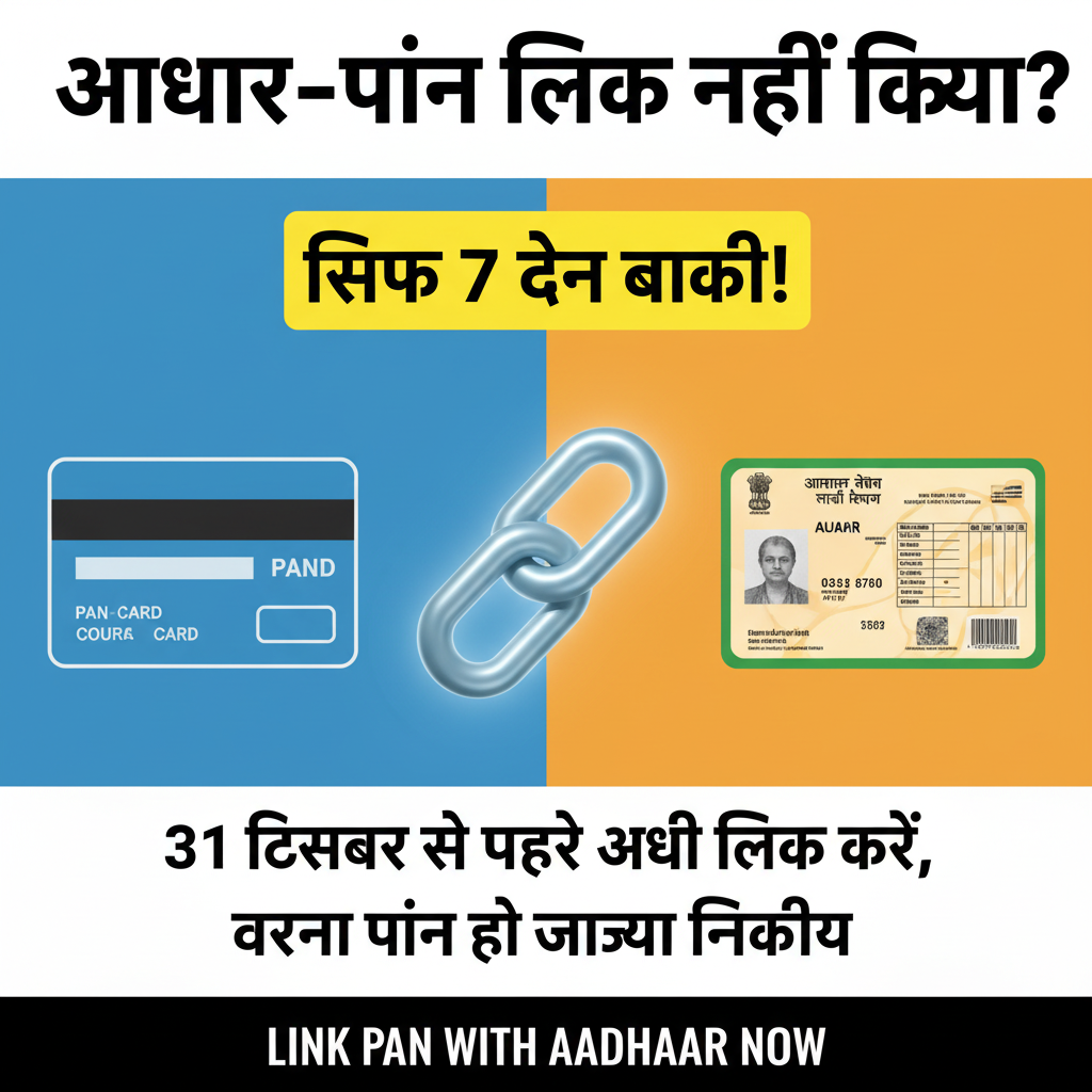 आधार-पैन लिंकिंग की आखिरी तारीख नज़दीक है! जानिए क्यों 31 दिसंबर से पहले आधार को पैन से लिंक करना ज़रूरी है, लिंक न करने पर क्या होगा और ऑनलाइन चरण-दर-चरण प्रक्रिया व शुल्क की पूरी जानकारी इस पोस्ट में पाएं।